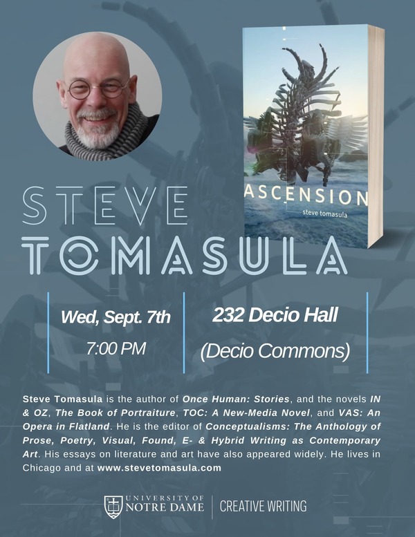 Creative Writing Reading Series featuring Steve Tomasula in September 2022