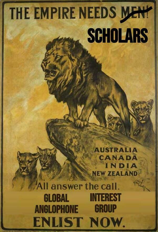 A WWI British imperial recruitment poster featuring a lion on a rock roaring, surrounded by other lions. Text reads: "The Empire Needs Scholars. Enlist now!"