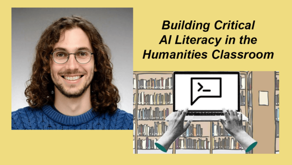 Gold rectangle background with image of white, male student with long, brown hair, who has a beard and glasses. An additional picture of a laptop in front of a bookcase of books, and the title of an AI article.