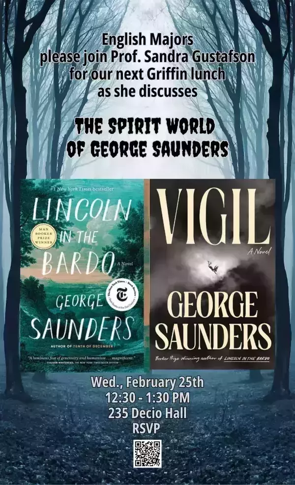 A poster showing a fogged in wooded area with the covers of two novels by George Saunders